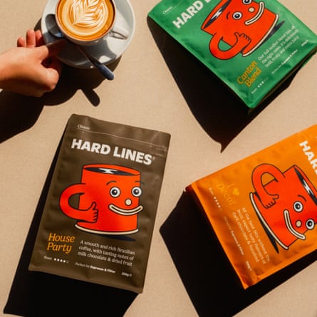 Coffee pouches with a red animated coffee mug on them.