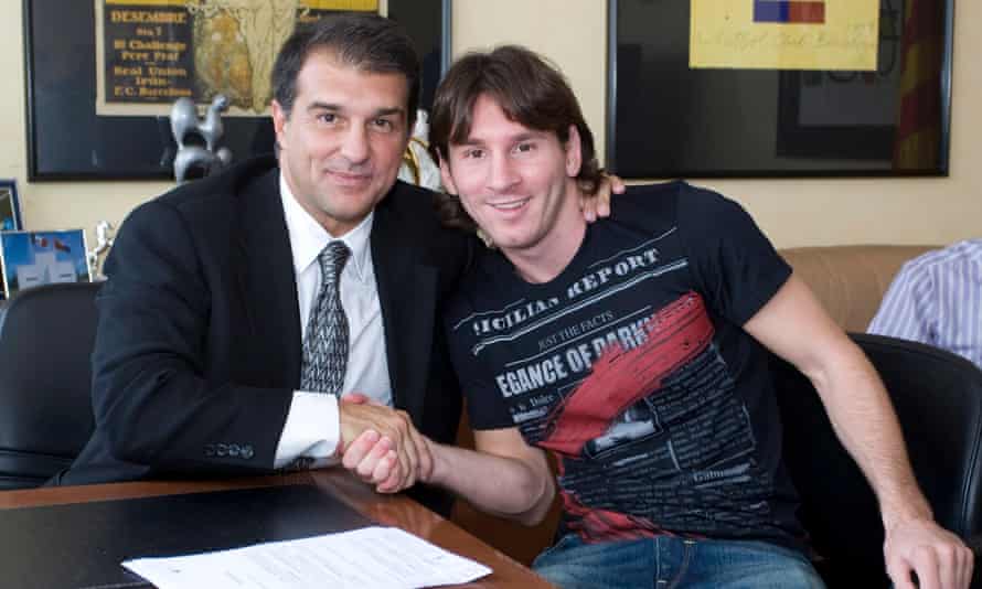 Joan Laporta, pictured with Lionel Messi after extending the player’s deal and increasing the buyout clause in 2009, says: ‘Of course he could do it in England. He has a gift. He could do it covered in mud in the pouring rain.’