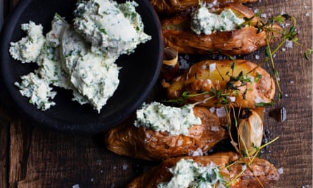 Baked potatoes (or artichokes) with roast garlic and herb cheese.