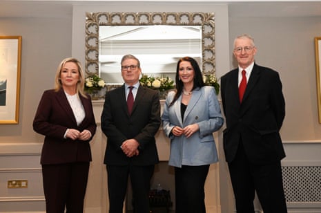 Starmer and O’Neill pose for pictures with deputy first minister Emma Little Pengelly and secretary of state for Northern Ireland Hilary Benn.