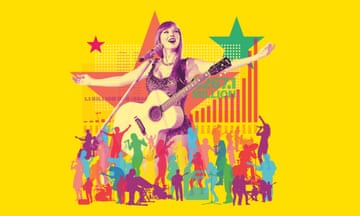 Illustration of Taylor Swift with guitar, standing over lots of other, smaller musicians, against yellow background