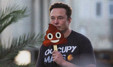 Composite of Elon Musk with a poop emoji on a stick.