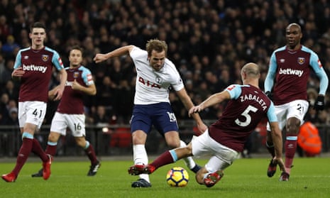 West Ham’s Pablo Zabaleta, second right, tackles Tottenham’s Harry Kane as he attempts a shot at goal.