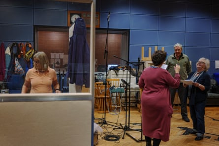 sound effects artist Vanessa Nuttall, director Kim Greengrass, Tim Bentinck (David Archer) and Sunny Ormonde (Lilian Bellamy) rehearsing in the Radio 4 studio.