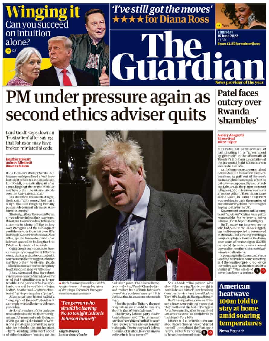 Guardian front page, 16 June 2022