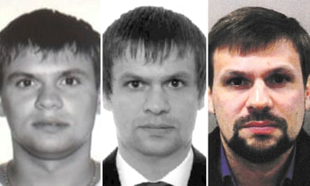Anatoliy Chepiga’s passport photo from 2003, left; Ruslan Boshirov’s passport photo from 2009, centre; and Metropolitan Police handout of Russian national named as Ruslan Boshirov.