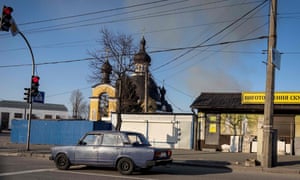 Smoke rises after an explosion in Kyiv.