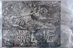 Martin Sharp, Live Give Love, 1967‘The late Martin Sharp was one of the Australian founders of the UK edition of Oz magazine and was their original design director. After he began taking LSD, Sharp pushed the magazine very much in a ‘psychedelic’ direction. He was a painter who appreciated the classics – he obsessed over Vincent Van Gogh and Max Ernst – but favoured more unusual printing methods. Here his re-imagining of Michelangelo’s The Creation of Adam is adorned with bubbles, hearts, stars, planets and flowers, and printed on silver foil-coated paper’