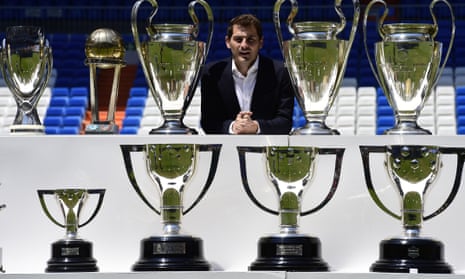 Iker Casillas poses in 2015 with the trophies he won in his career with Real Madrid.