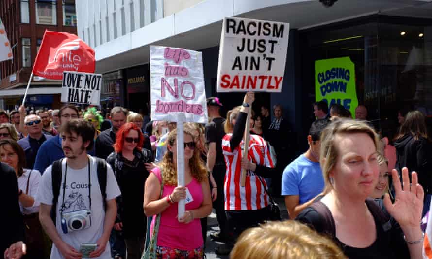 Anti fascist demonstratots marching though Southampton on 2 July