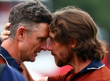 Europe’s Justin Rose (left) and Tommy Fleetwood celebrate their fourball victory over Scottie Scheffler and Bryson DeChambeau.