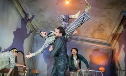 Admirable agility … Left to right, Louise Mai Newberry as Mrs Samsa, Felipe Pacheco as Gregor, Joe Layton as Chief Clerk and Hannah Sinclair Robinson as Grete in Metamorphosis.
