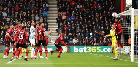 Bournemouth’s Jefferson Lerma heads the ball from the goal line.