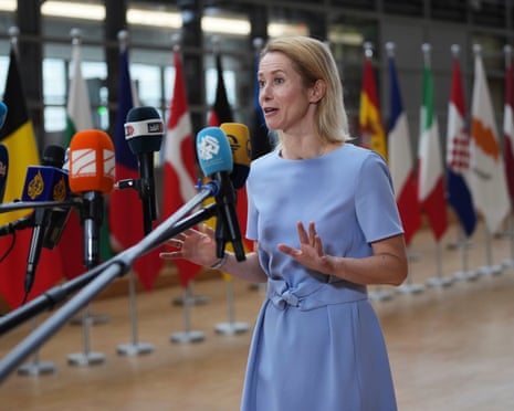 European Union foreign policy chief Kaja Kallas speaks with the media as she arrives for a meeting of EU foreign ministers at the European Council building in Brussels in June.