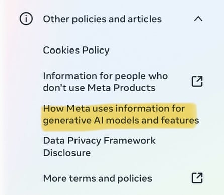 A settings panel with ‘How Meta uses information for generative AI models and features’ highlighted in yellow.