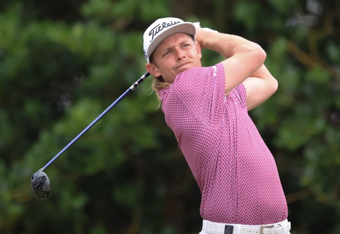 Cameron Smith plays from the the 3rd tee in the Open Golf Championship final round at St Andrews, UK.