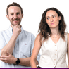 Composite of Mike and Caterina, both smiling, him on left with hand on chin wearing a pale shirt, her with hands in pockets wearing a cream waistcoat