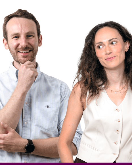 Composite of Mike and Caterina, both smiling, him on left with hand on chin wearing a pale shirt, her with hands in pockets wearing a cream waistcoat