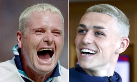 Paul Gascoigne at Euro 96 and Phil Foden, right, with his haircut for Euro 2020.