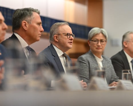 Anthony Albanese with Penny Wong and Richard Marles at a bilateral meeting with the Thai Prime Minister