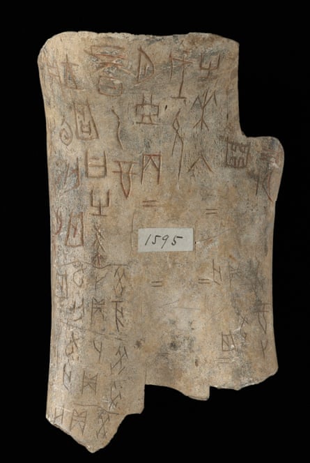 An oracle bone created between 1600 BC and 1050 BC. The inscriptions are still the earliest form of Chinese writing yet discovered.