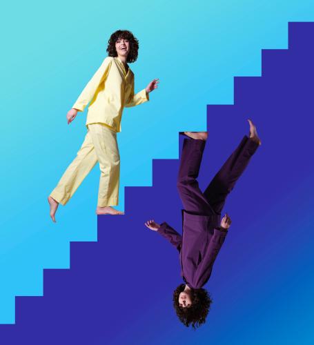 A woman in yellow PJs going up stairs, and a darker shadow image of the same woman, upside down, going down the stairs