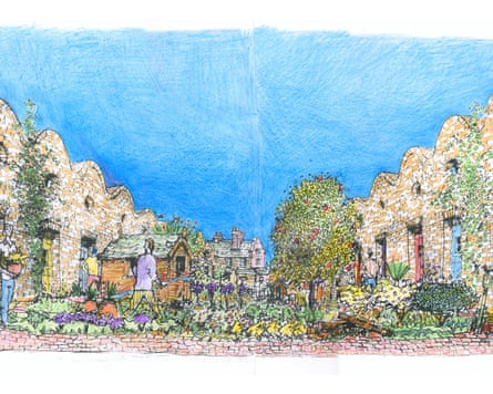 A colour drawing showing a verdant courtyard with brick terrace flats on either side