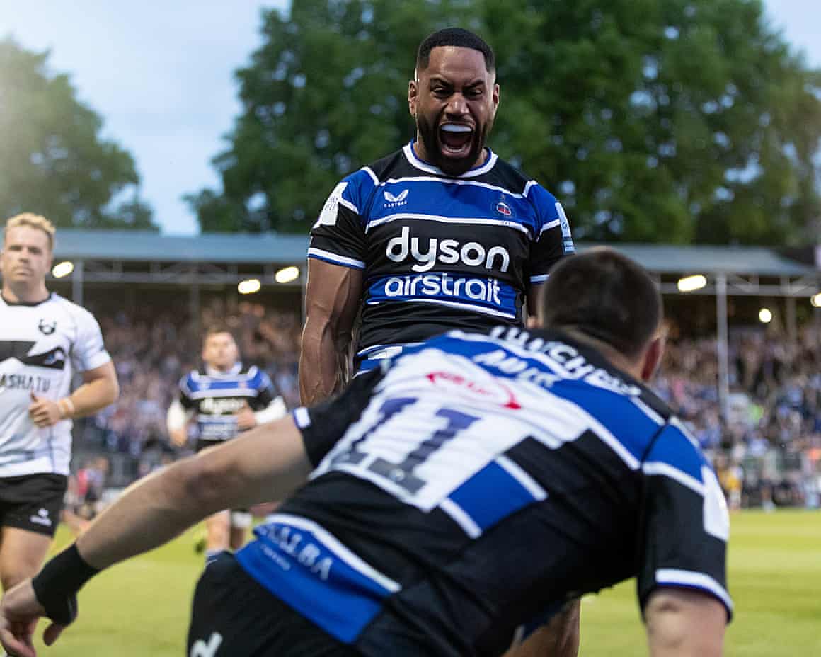 Joe Cokanasiga of Bath celebrates after his side’s try during the Premiership semi-final match against Bristol Bears.