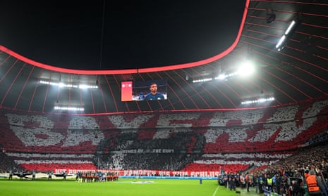 Bayern Munich fans display a tifo in the stand prior to the UEFA Champions League quarter-final second leg match between FC Bayern Munich and Manchester City at Allianz Arena.