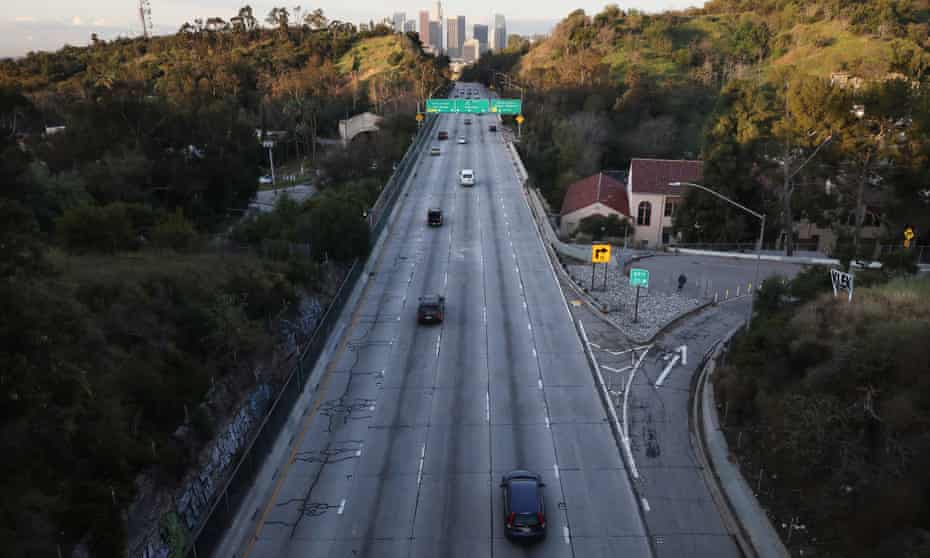 The 110 freeway in Los Angeles. Gavin Newsom, the California governor, has told Californians to stay home.