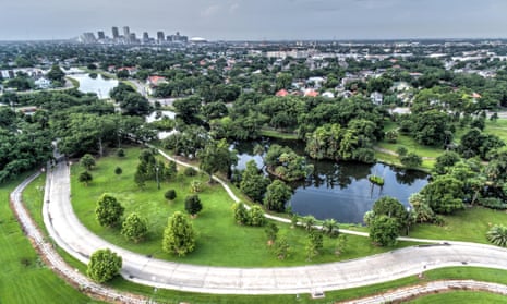 An aerial view of City Park and New Orleans skyline.