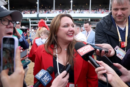 Cherie DeVaux speaks to media at the Kentucky Derby.