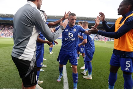 Leicester’s Jamie Vardy receives a guard of honour as he leaves the pitch after his last Foxes appearance during the 2-0 win over Ipswich