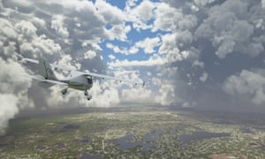 A simulated plane approaches a storm over Florida