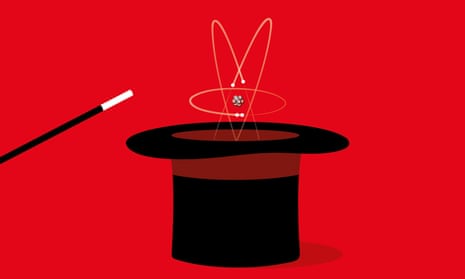 A wand pointing at a top hat with atoms coming out of it