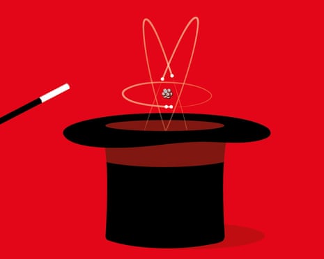 A wand pointing at a top hat with atoms coming out of it