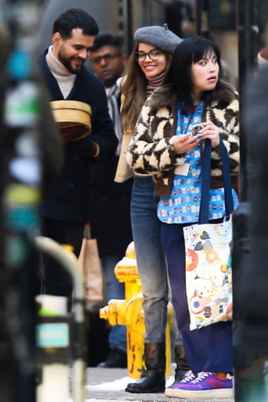 Leslie Grace, centre, and Ivory Aquino, right, on the Glasgow set of Batgirl in January 2022.
