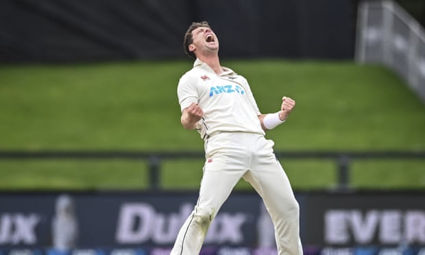 New Zealand bowler Matt Henry celebrates after dismissing South Africa’s Aiden Markram at Hagley Oval.