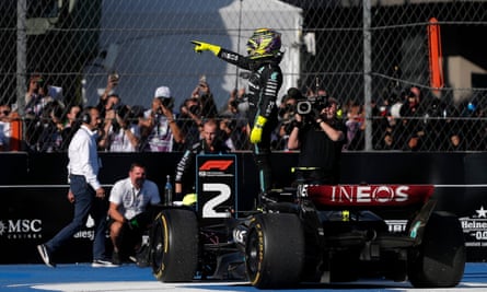 Lewis Hamilton celebrates his second-place finish for Mercedes at the Mexican Grand Prix