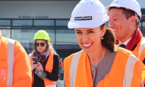 New Zealand Prime Minister Jacinda Ardern visits a construction site on the campaign trail in Taupo, New Zealand