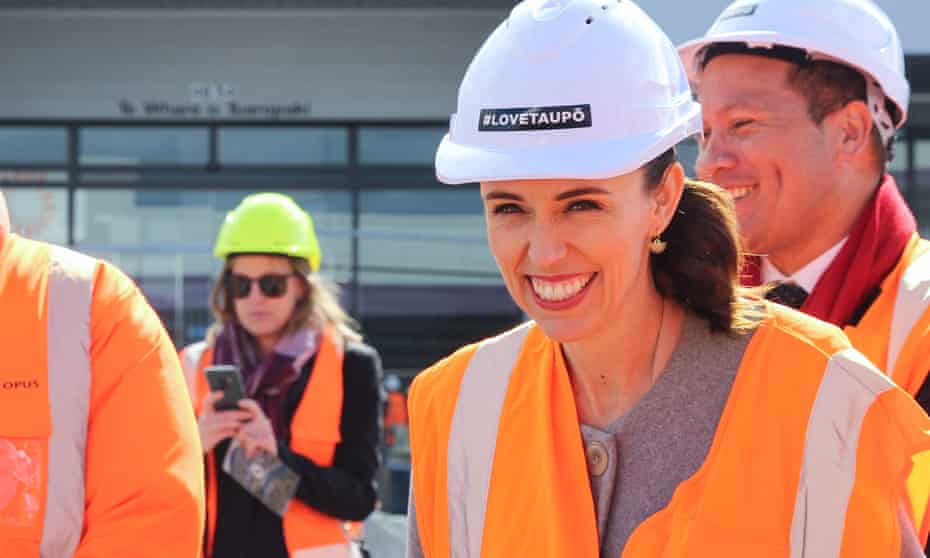 New Zealand Prime Minister Jacinda Ardern visits a construction site on the campaign trail in Taupo, New Zealand 