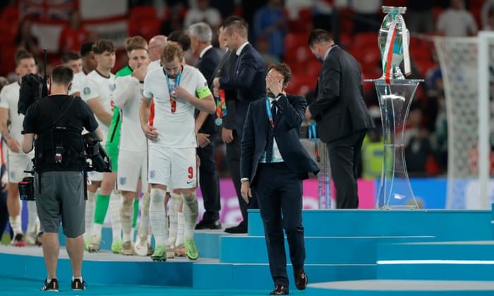 Gareth Southgate looks dejected after receiving the silver medal.