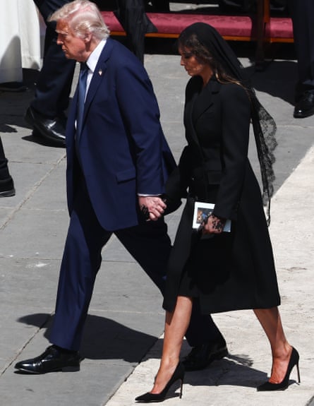 Woman in black … Donald Trump and Melania during the funeral ceremony of Pope Francis at the Vatican in 2025.