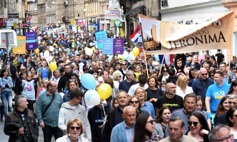 An anti-abortion march in Zagreb in May 2021. Abortion is becoming more restricted as rising religious pressure sways doctors to refuse it on moral grounds.