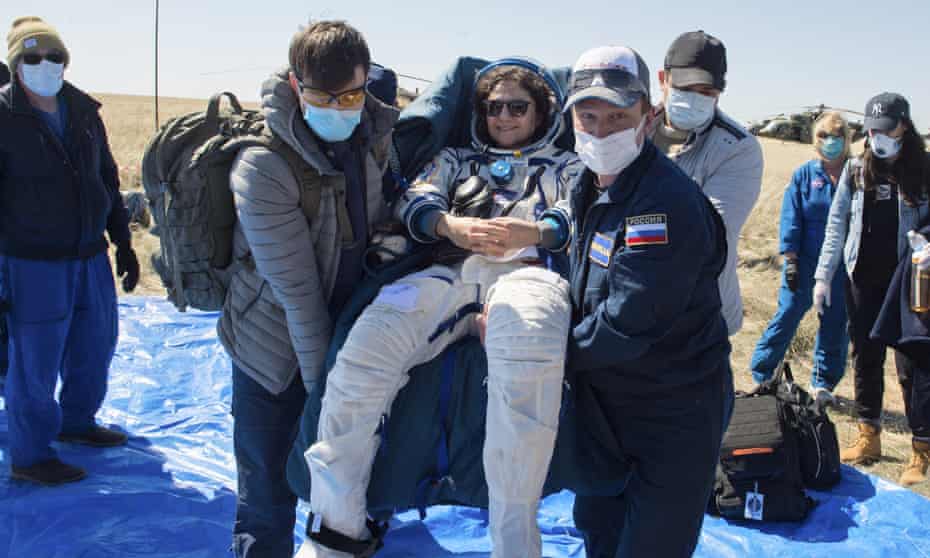 Astronaut Jessica Meir shortly after the landing of the space capsule that brought her to Earth near the Kazakh town of Dzhezkazgan.