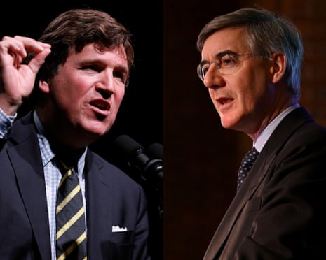 A composite of Tucker Carlson gesturing while speaking and Jacob Rees-Mogg