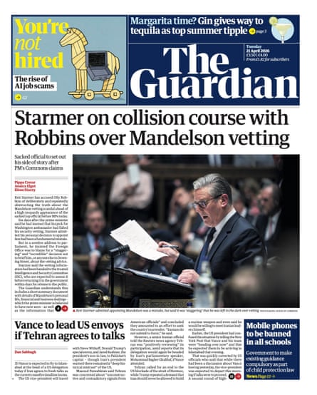 Guardian front page, Monday 21 April 2026
