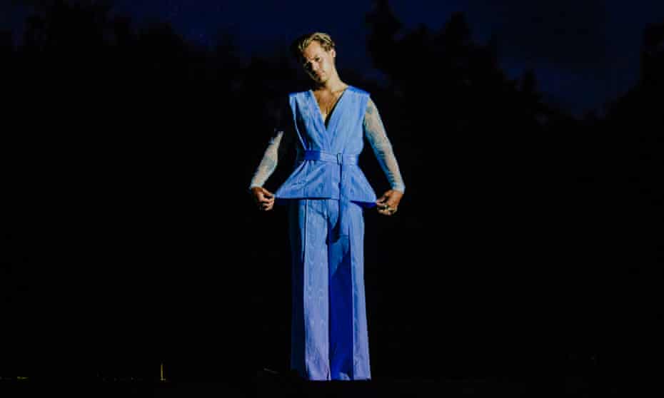 Harry Styles in the video for Lights Up, wearing a silk moire suit by Harris Reed.