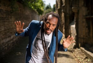 Benjamin Zephaniah in 2020 wearing a T-shirt in memory of his cousin Mikey Powell who died in police custody in 2003