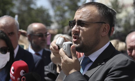 Vasyl Bodnar, Ukraine’s ambassador to Turkey, speaks during a rally, in Ankara, Turkey in May, 2022.